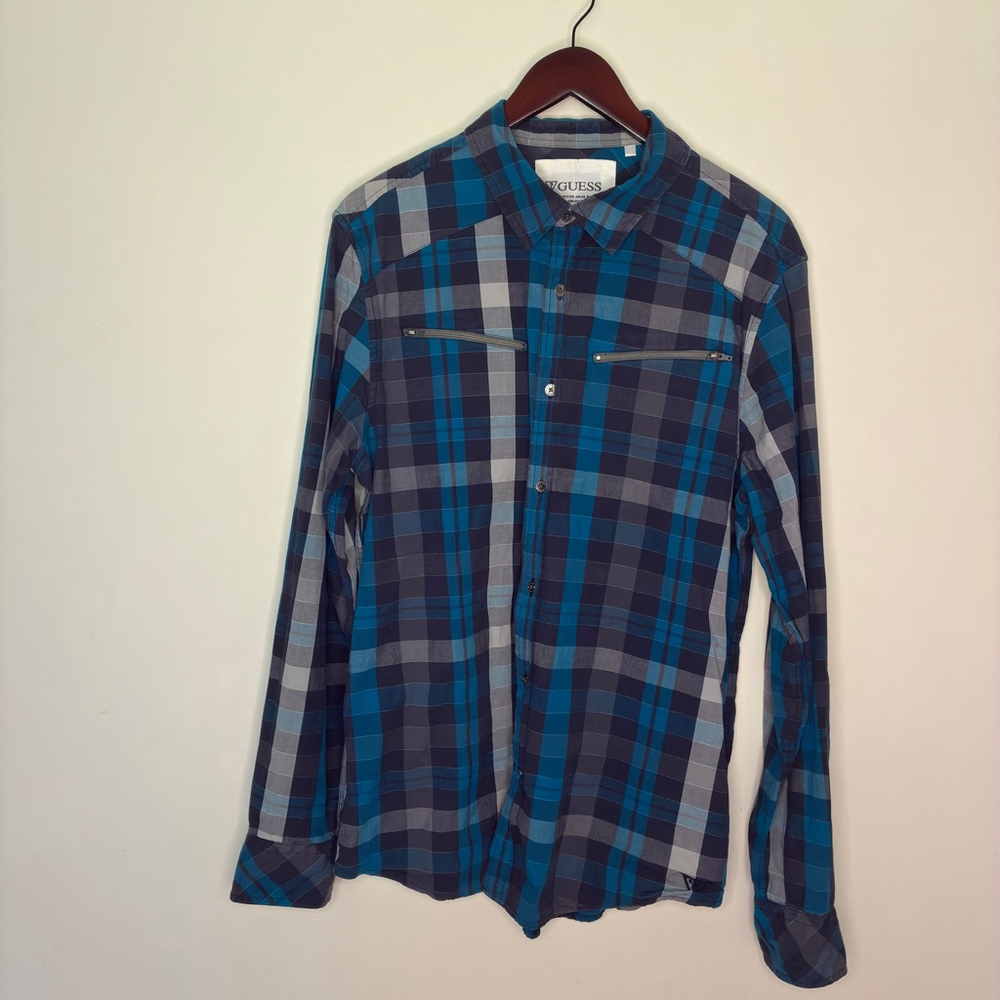 GUESS Men’s Large Blue Plaid Long Sleeve Button-Down Shirt